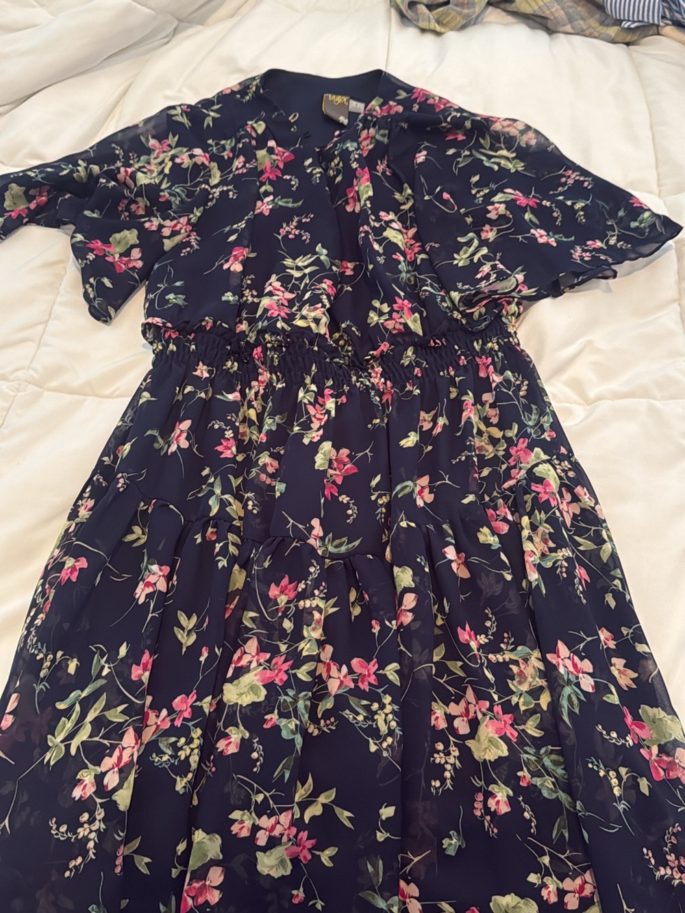 Taylor Navy Floral Midi Dress with Pink & Green Accents